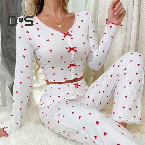 Women Lace Trim Pajama Set Long Sleeve V-Neck Front Button Tops Full-Length Pants Sleepwear Nightwear