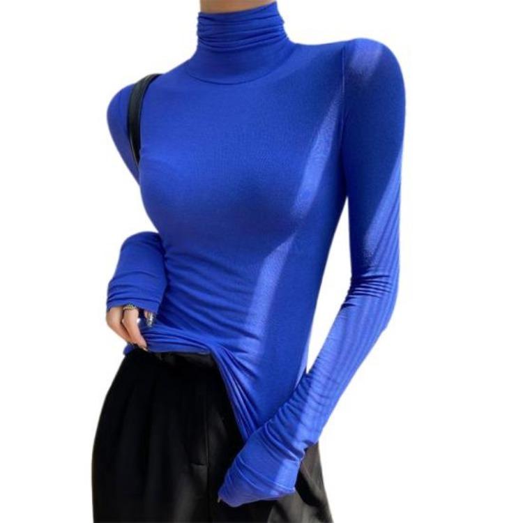 High Collar Long Sleeve Slim Base Shirt Women Solid Color Elastic Tops for Autumn Winter