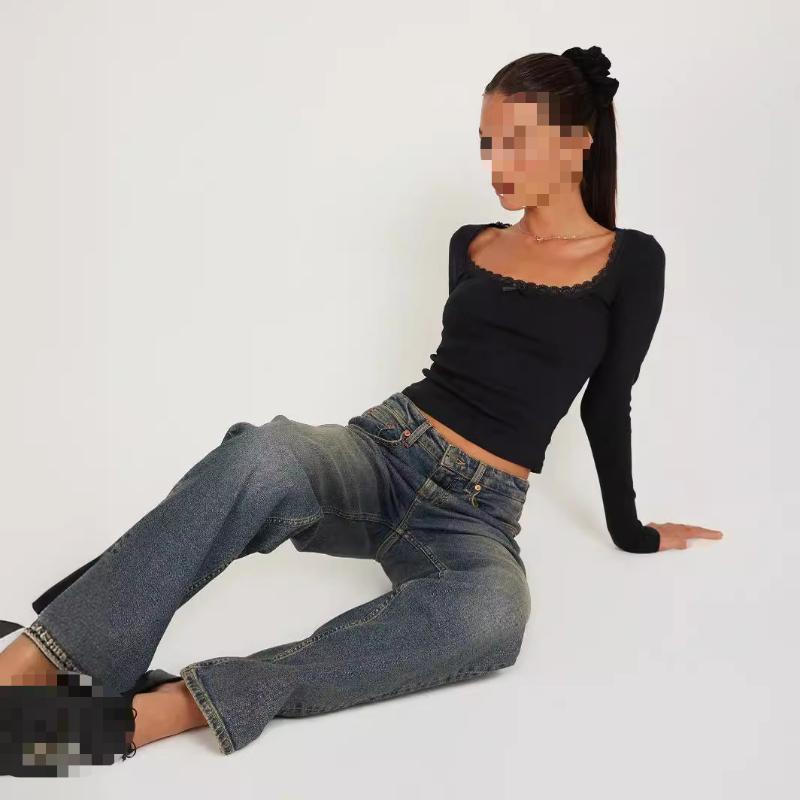 European and American early spring fashion sexy U-neck solid color exposed navel ribbed top