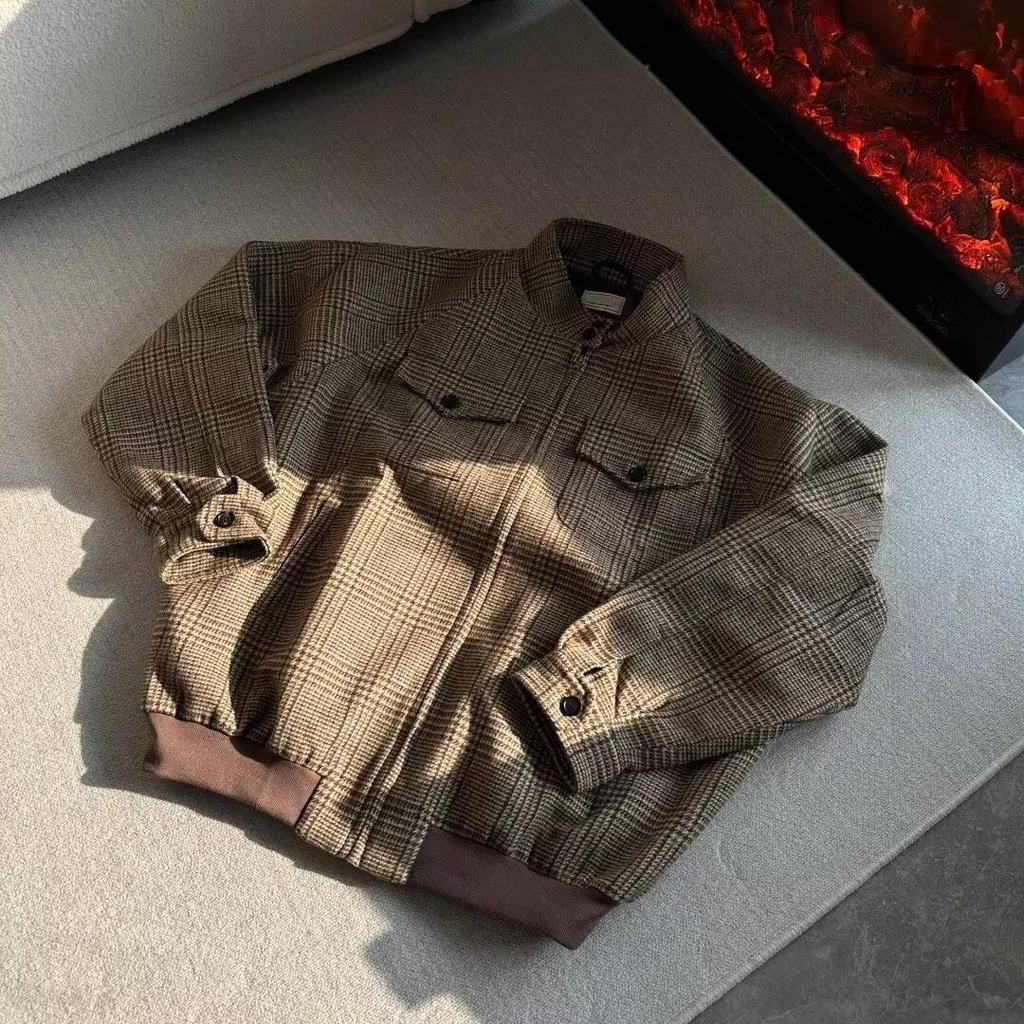 2025 Vlněná bunda Harrington s vzorem psí zuby - Unisex Ležérní Retro Americký styl Oblečení