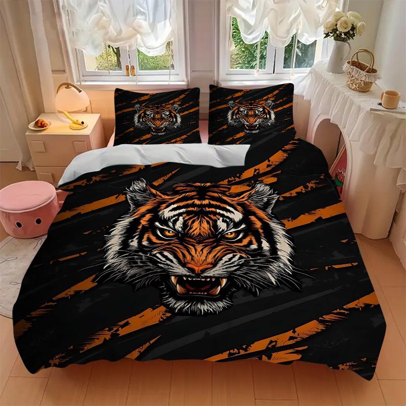 3pcs Orange Stripes Tiger Quilt Set Cartoon Themed Bed Quilt Set Lovely Character Bedroom Decor Bed Quilt Set Four Seasons (1 Cover + 2Pillowcase