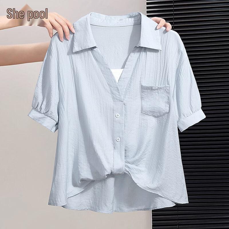 Women s Faux Two-Piece Lapel Short Sleeve Shirt One Size