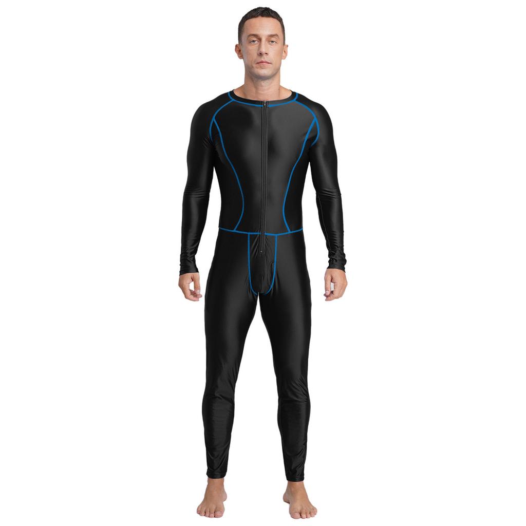Men‘s Compression Swimwear & Gym Romper S-3XL: Shiny Long Sleeve Jumpsuit with Front Zipper, Flatlock Seams for Comfort