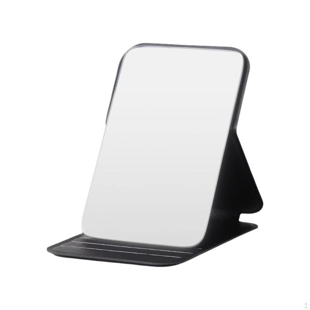 Portable folding cosmetic mirror, handheld desktop stand, travel size for men, dorm, office Black