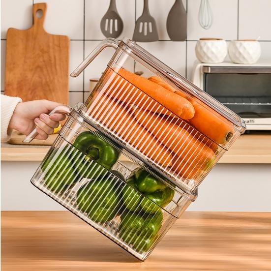Refrigerator Storage Box with Handle Easy Pull Out Organizer Dry Wet Separation Date Timer Freshness Preservation Container