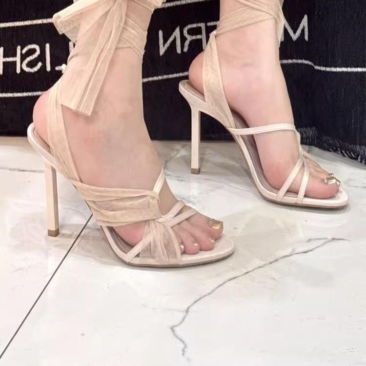 Fashion 2024 Summer New Mesh Cross Straps a Word Buckle Roman Sandals Female Fine Heel Open Toe with Skirt High Heels