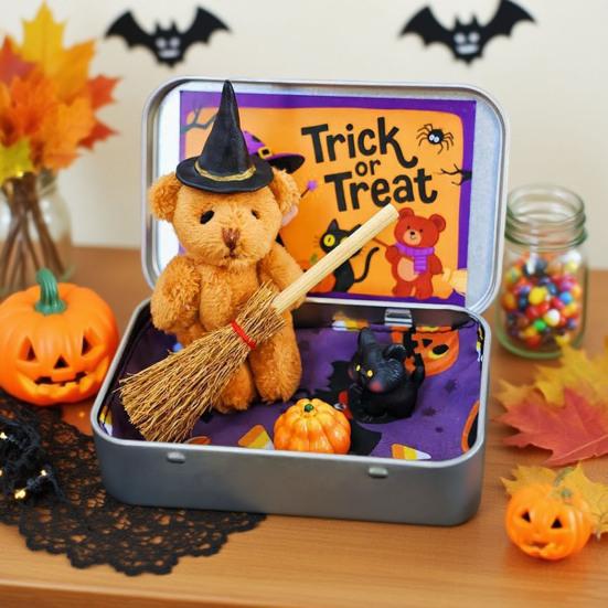 Halloween Bear In A Box Handmade Cute Witch Bear In A Tin for Trick or Treat Miniature Plush Bear with Broom Pumpkin Cat Halloween Party Gift