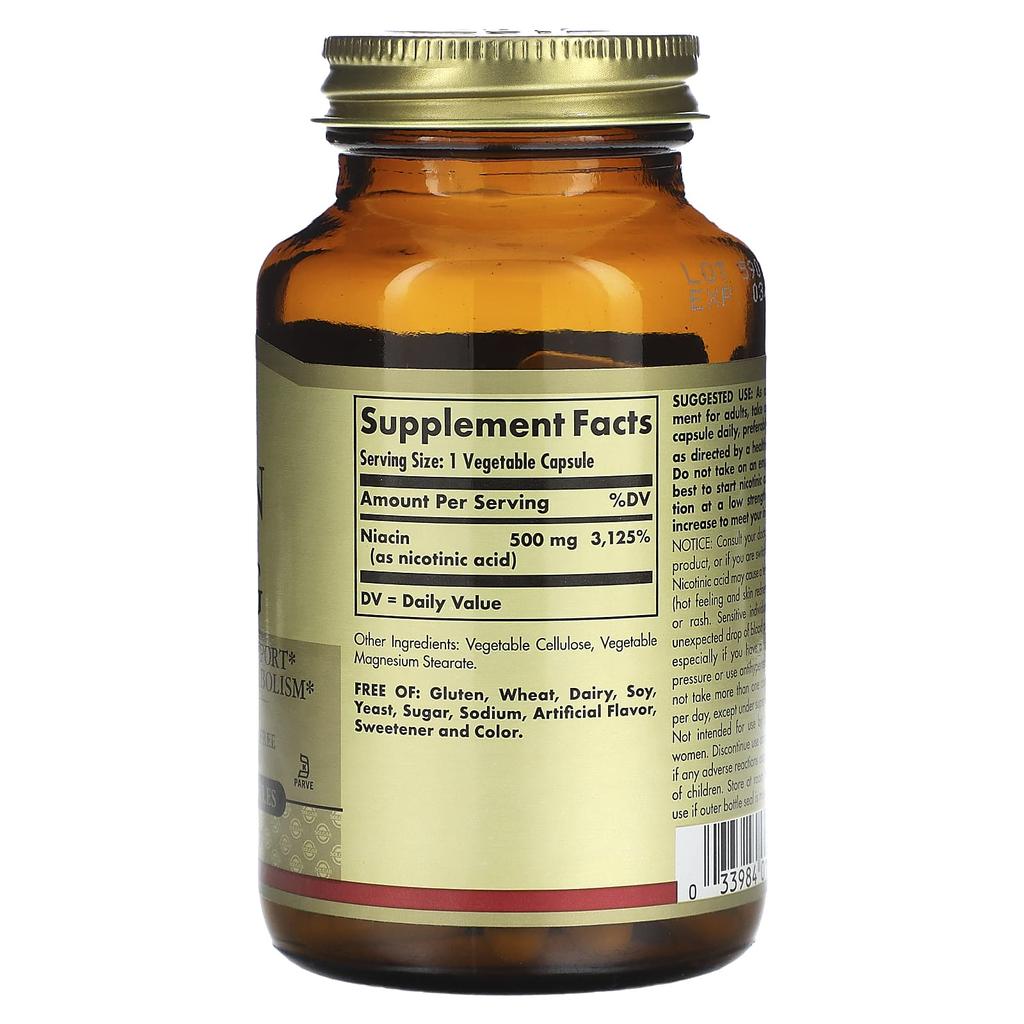 Solgar Niacin (vitamin B3), 500 Mg, 100 Vegetable Capsules