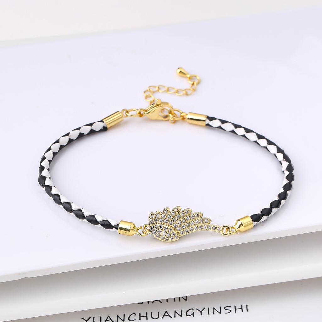 White Cubic Zircon Angel Wings Leather Rope Braided Bracelet for Women Girls Daily Party Lucky Jewelry Fine Birthday Gift