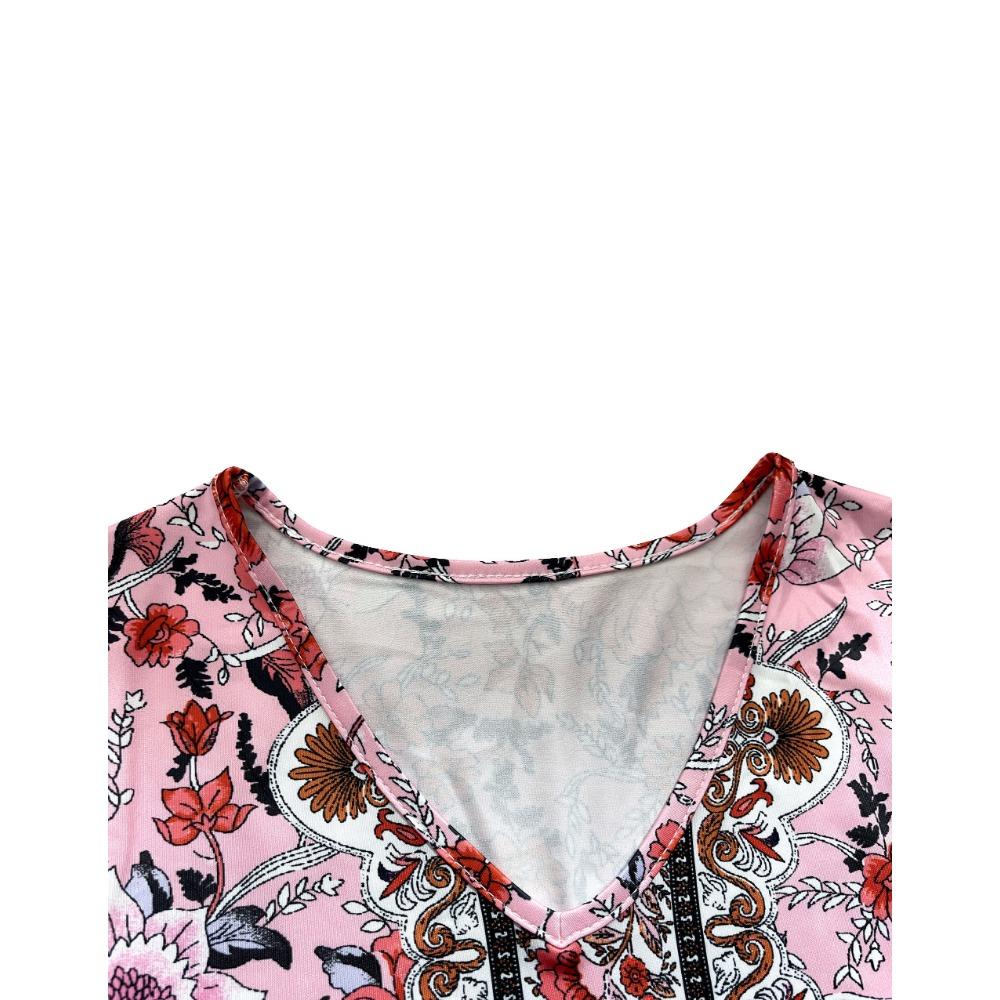 Women Casual Summer Dress Boho V Neck 3/4 Sleeve Babydoll Floral Print Flowy Beach Dress