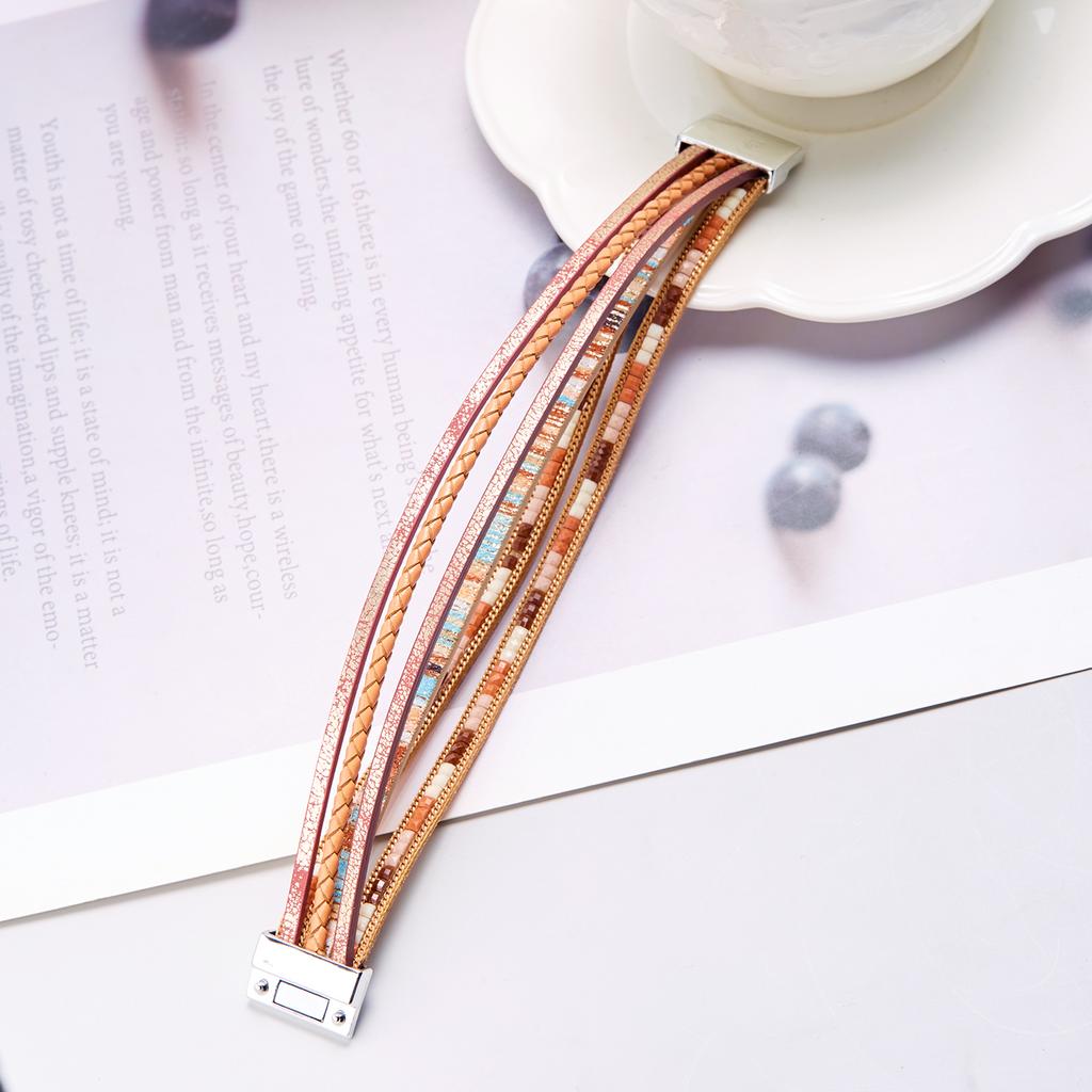 Multilayer Brown Leather Bracelet For Women Fashion Creative Bohemian Handmade Woven Magnetic Clasp Bracelet Jewelry Gift