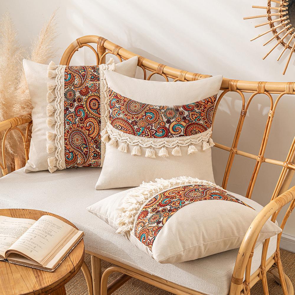 

Retro Tassel Pillow Case Pastoral Style Splicing Pillow Living Room Sofa Pillow Cushion Light Luxury Jacquard Pillow 45 * 45Cm without core