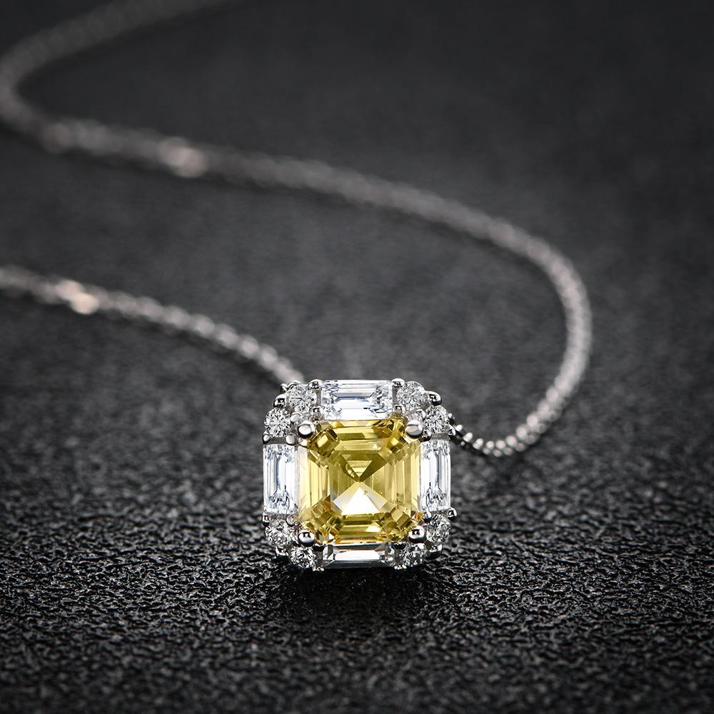 Gelbe Diamant-Halskette aus 925er-Sterlingsilber für Damen, quadratische, abgeschrägte 7 * 7-Schlüsselbeinkette mit Diamanten mit hohem Kohlenstoffgehalt