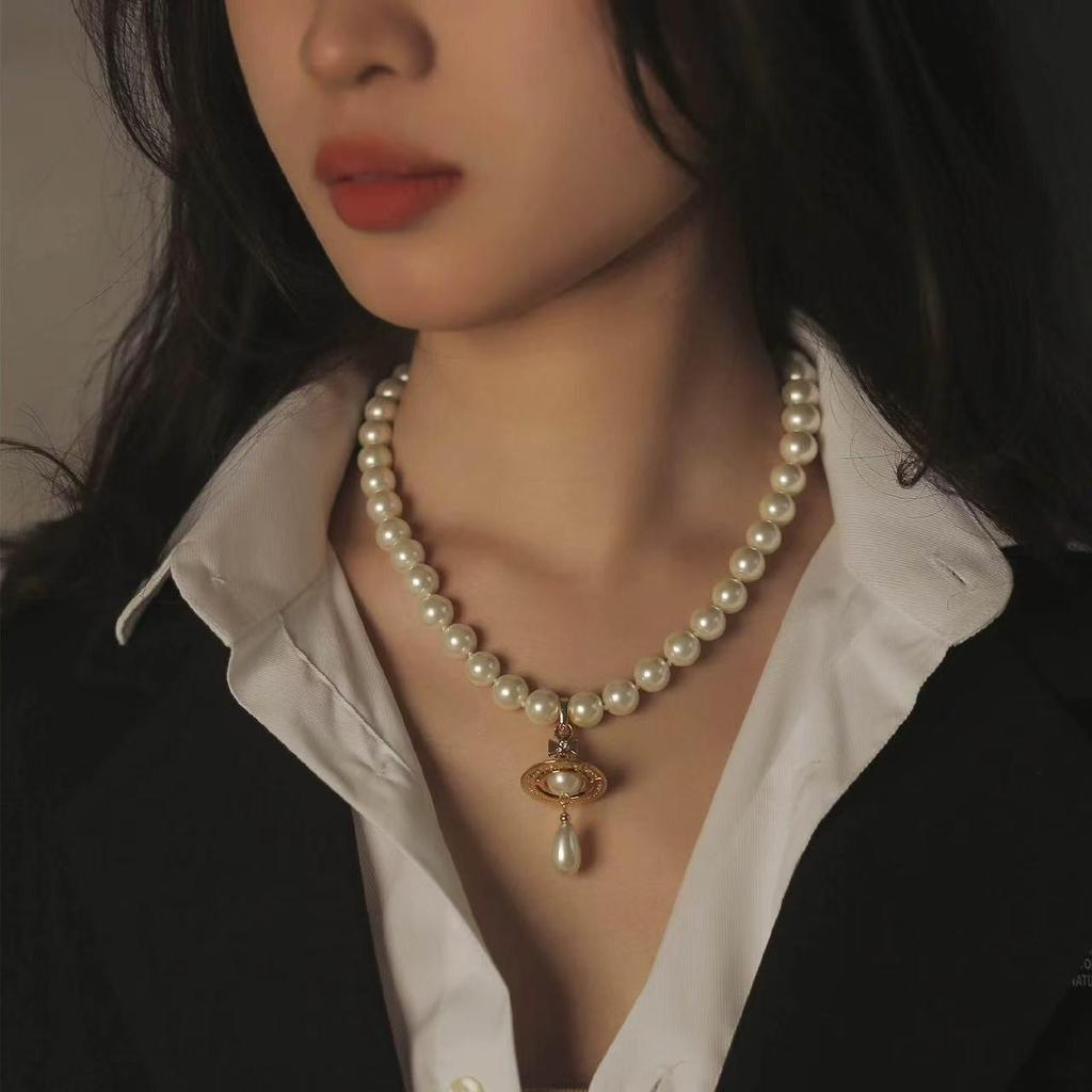 Westwood Saturn Choker Necklace: High Version, Medium Size, Women's 10MM Beads, Logo Clasp.