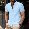 Summer Men's Casual Cotton Linen Short Sleeved Stand Up Collar Seven Button Shirt