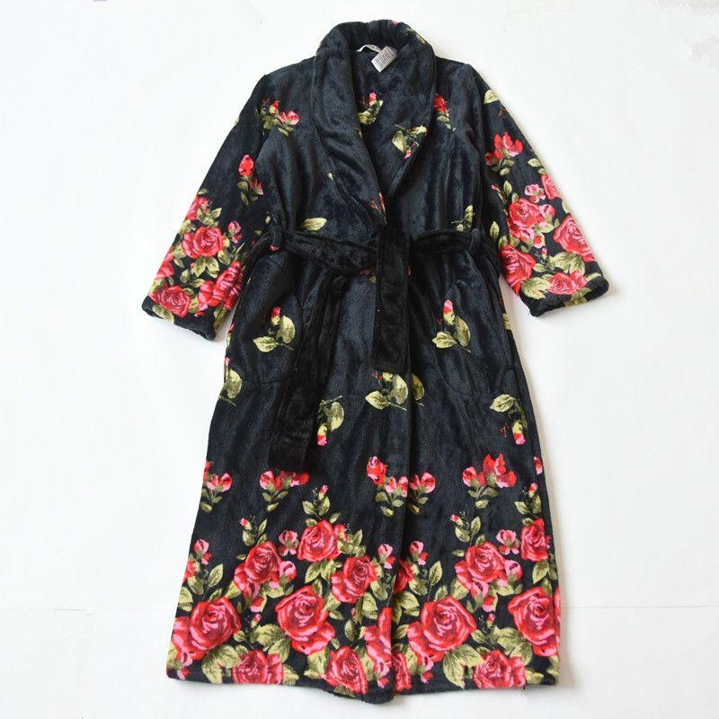 

Экспорт Осенне-зимняя женская милая гладкая фланелевая ночная сорочка с принтом, с длинным рукавом, халат, средней длины, длинная, домашняя одежда Rose with black belt S
