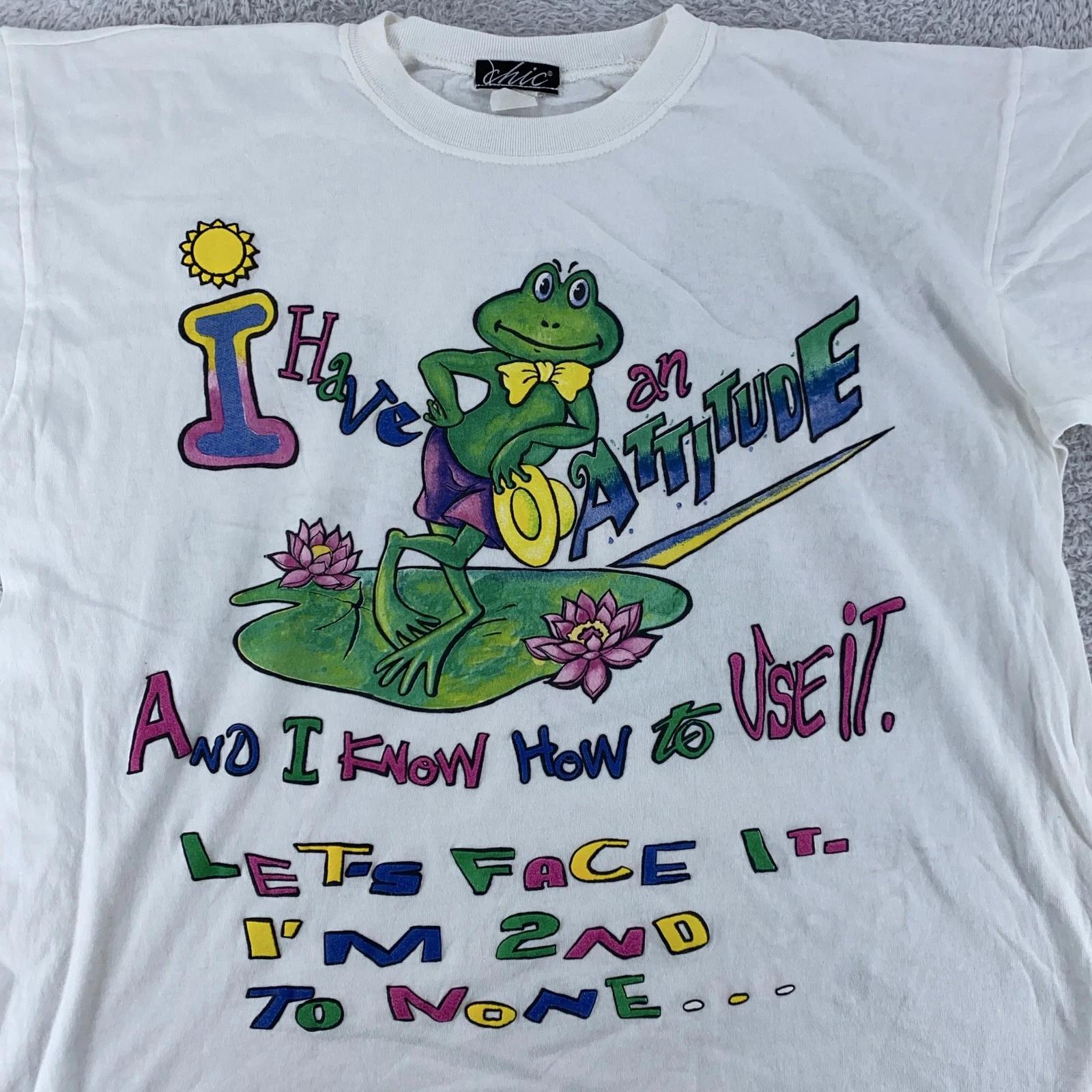 

Vintage Chic Frog Attitude Shirt BOXY LARGE White Graphic Funny Tee Cartoon 90s 3XL