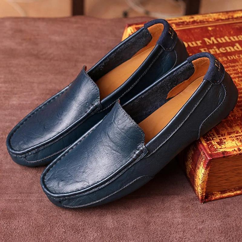 Fashion Genuine Leather Shoes Men Loafers Flat Casual Driving Shoes Brand Male Footwear Black Yellow Blue Soft