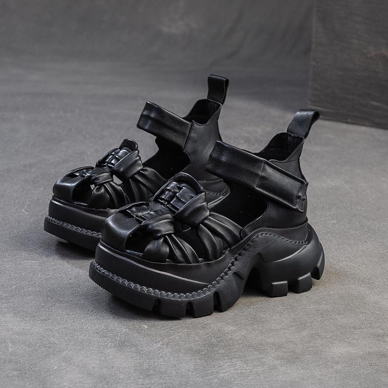 Jieshu Summer New Niche Style Muffin and First-layer Cowhide Sandals Comfortable Woven Breathable Retro Women's Shoes