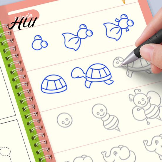 Kids Writing Practice 4Pcs Grooved Book with Pens Refills Pencil Gripper Reusable Handwriting Workbooks Alphabet Tracing Learning Children Workbook