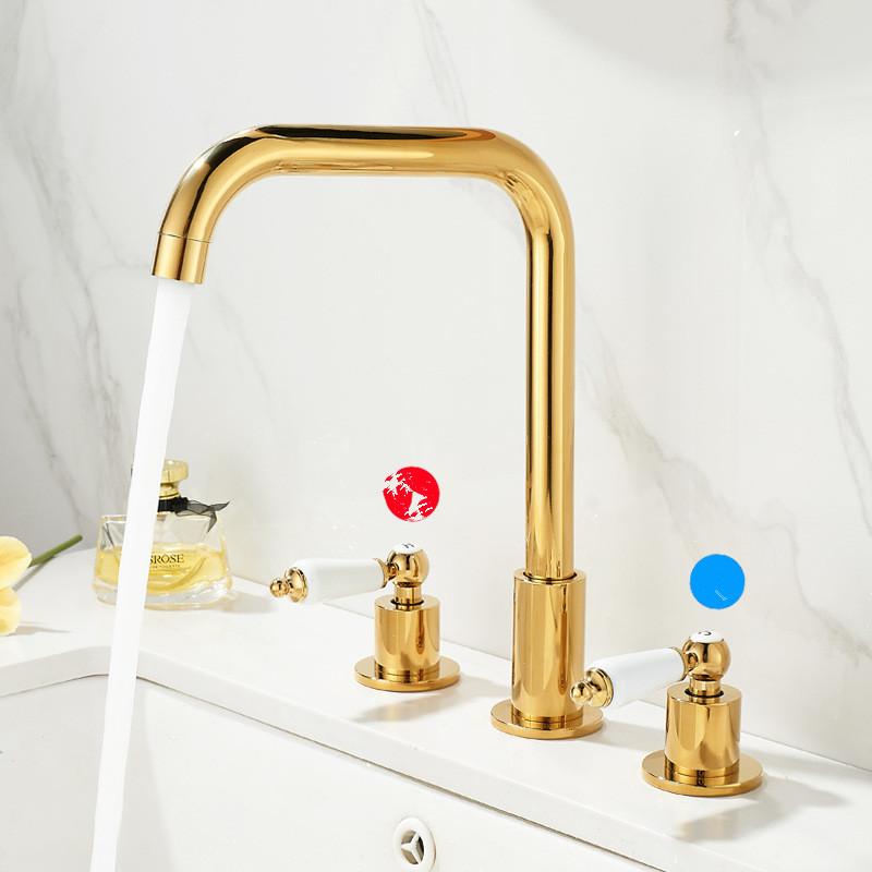 Tuqiu Gold Bathroom Faucet Brass Widespread Basin Faucet Brass Sink Faucet 3 Hole Double Handle Hot & Cold Wash Faucet Water Tap