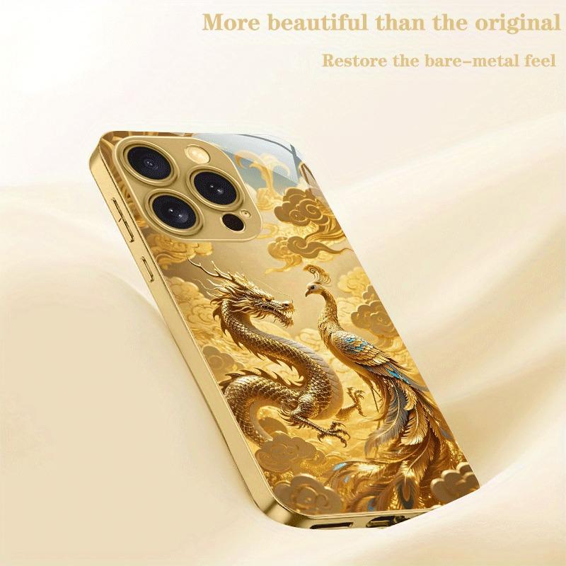 Golden Dragon Phoenix Print Gold Metallic Paint Glass Phone Case For iPhone 17 16 15 14 13 12 11 Pro Max Plus 17 Air 16E Cover