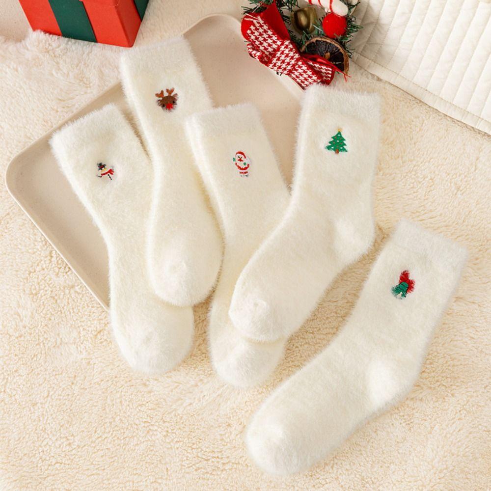 Winter Warm Christmas Pattern Socks Mink Velvet Xmas Tree Snowman Elk Socks