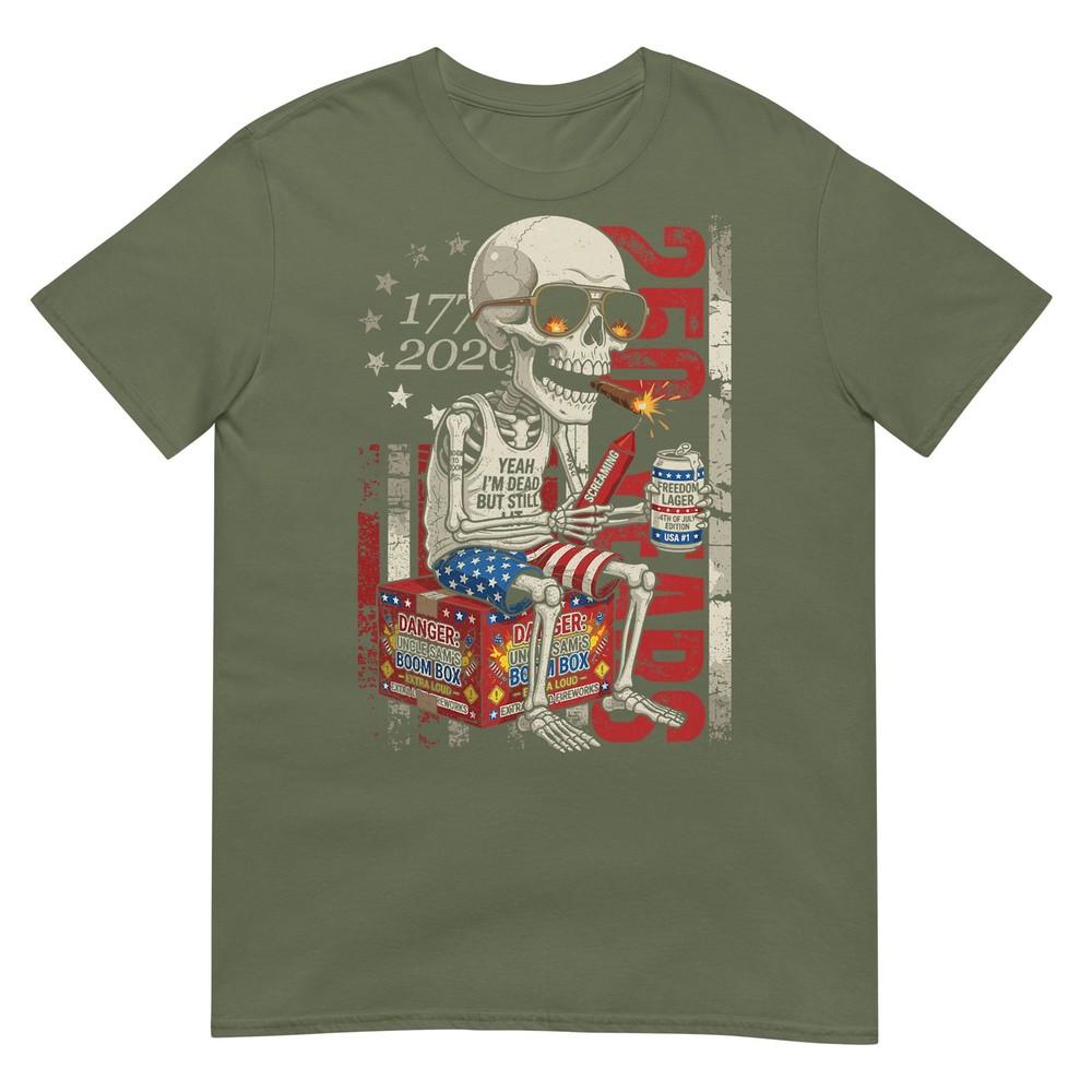 250 Years Funny Skeleton Fireworks American Flag 4th Of July Tshirt