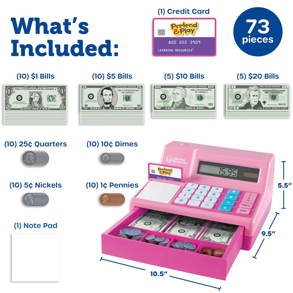 Learning Resources Toy Cash with US Authentic Register, Pink, Dollars, LER2629P,