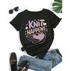 European Size Women'S Casual Knit Happens Graphic T-Shirt - White Short Sleeve Crew Neck with Colorful Yarn & Heart Design