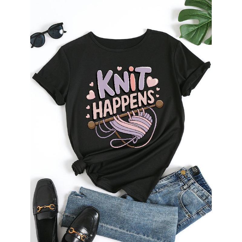 European Size Women'S Casual Knit Happens Graphic T-Shirt - White Short Sleeve Crew Neck with Colorful Yarn & Heart Design