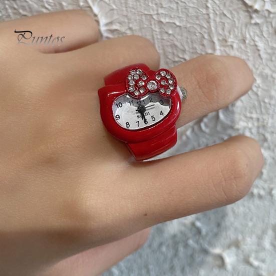 Cat Shape Ring Watch Cartoon Finger Rhinestone Bowknot Elastic Stainless Steel Band Women Birthday Gift Fashion Accessories