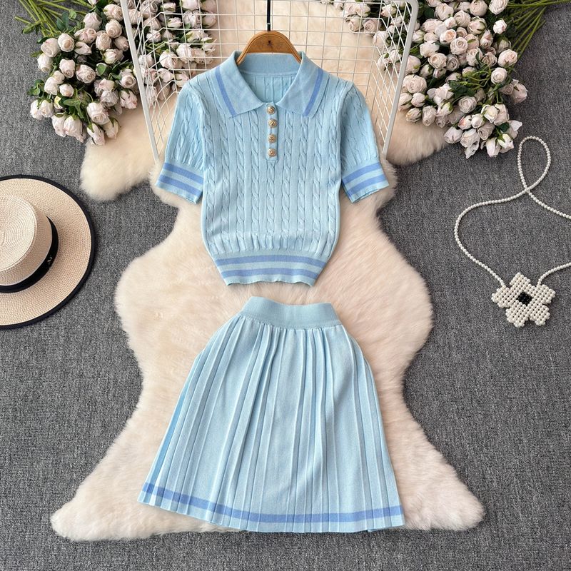 

Fashion Denim Casual Sweet and Cool Style Preppy Style Suit Summer Beautiful Milk Fufu Classic Style Top Skirt Two-piece Set Blue One size
