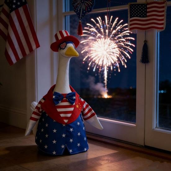 1 Set Independence Day Goose Outfit Outdoor Porch Goose Costumes Patriotic Stars And Stripes Jacket Hat Set for 23 Inch