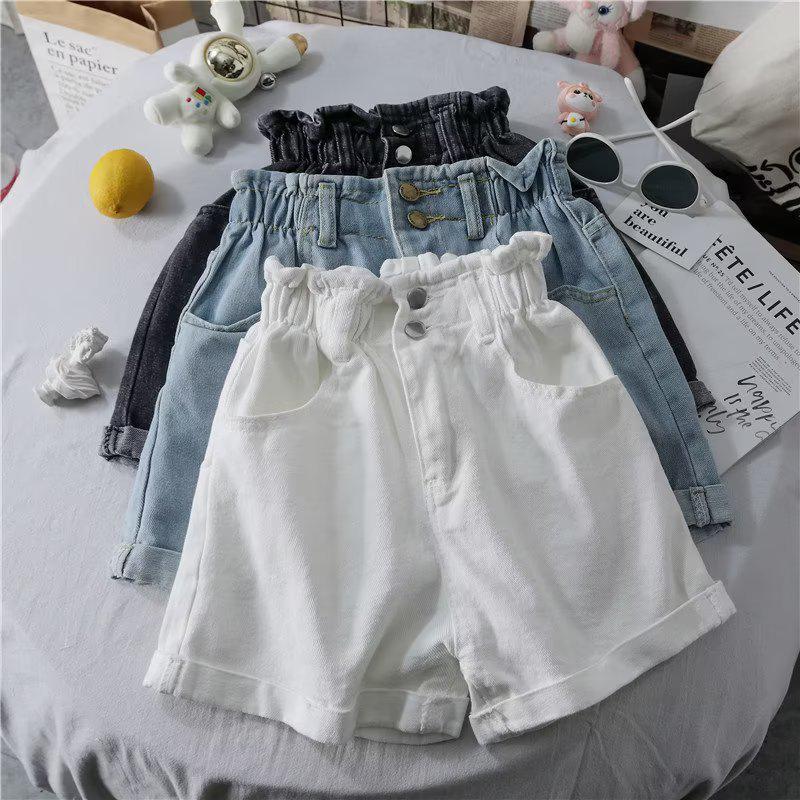 Women's Summer Korean Style A-line Denim Shorts: Casual, Versatile, Elastic Waist, Rolled Hem, Loose, Slimming, Wide Leg.