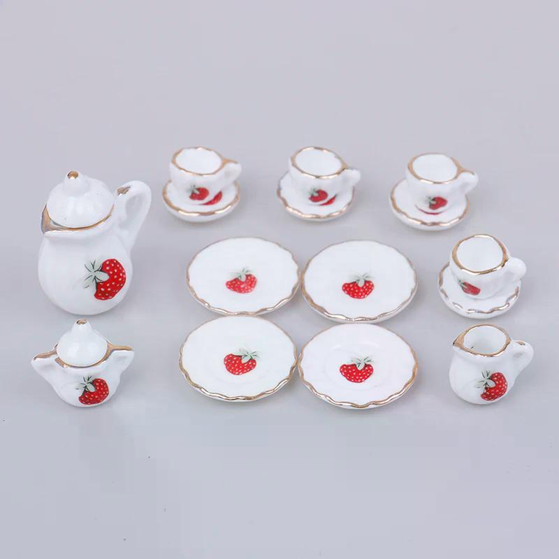 1:12 Dollhouse Tableware Kitchen Miniature 15pcs Porcelain Tea Cup Set For Doll Pretend Play And Kitchen Decor Props