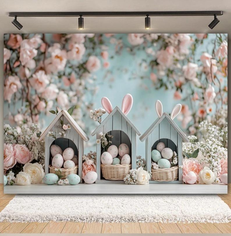 Spring Easter Cottage Colorful Egg Rabbit Photography Background Flower and Tree House Children's Birthday Decoration Backdrop