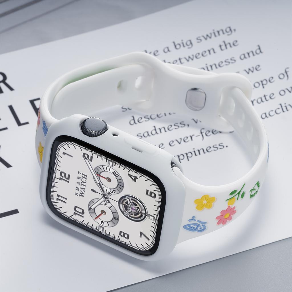 Cute Color Flowers Silicone Strap Case For Apple Watch 42mm 46mm 44 40mm 49 45 38 41mm Girl Slim Band For Iwatch 10 9 8 SE 7 6 5