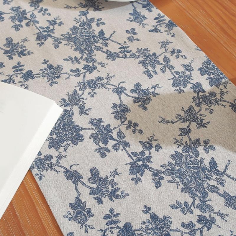 Tischdecke aus Baumwoll-Leinen mit blauem Blumenmuster im Landhausstil, waschbar, robust, in verschiedenen Größen erhältlich
