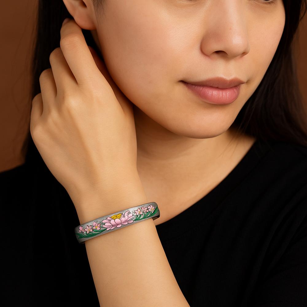 

Adjustable Lotus Copper Bangle Charm Cloisonne Open Bangle Retro Chinese Style Bracelets Gifts Style A
