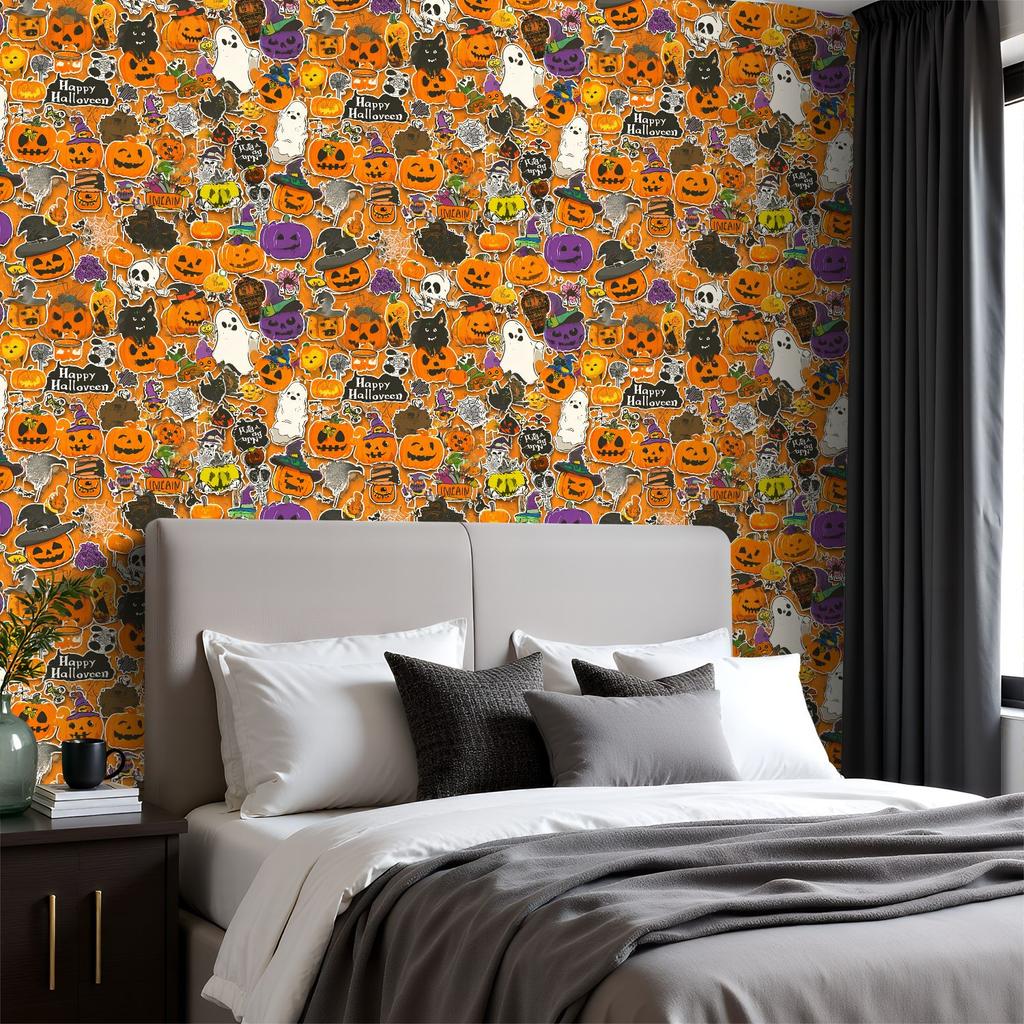 Halloween Sticker Collage Wallpaper 22.83"X118" Waterproof Wallpaper for Living Room/Bedroom/Bathroom PVC Wall Sticker