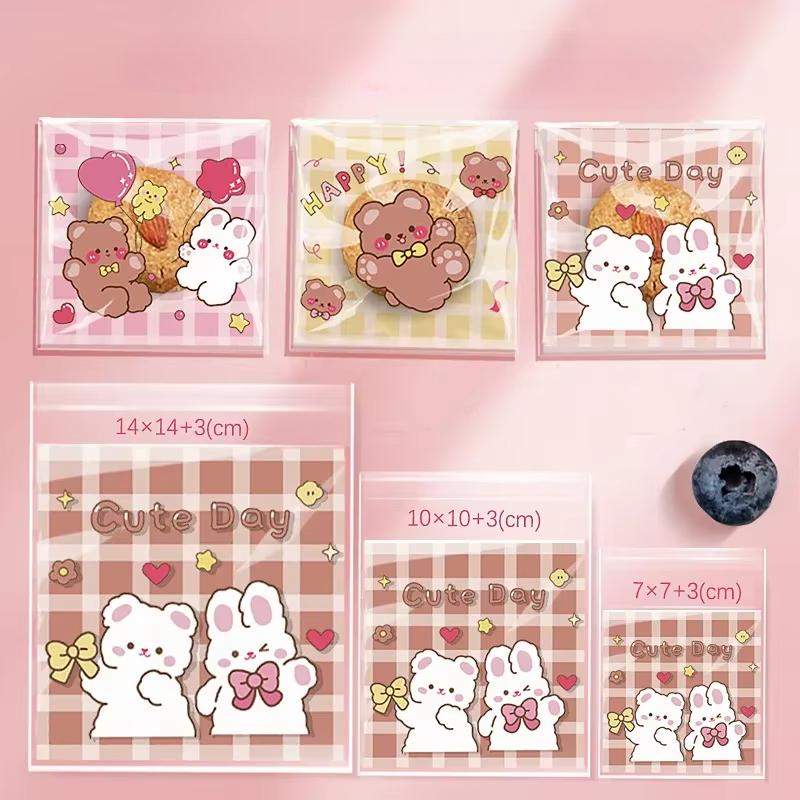 100 Stück selbstverschließende Beutel mit süßem kleinen Bären und Häschen, transparent, niedlicher kleiner Cartoon-Opp-Beutel, kleine Festival-Geschenkbeutel