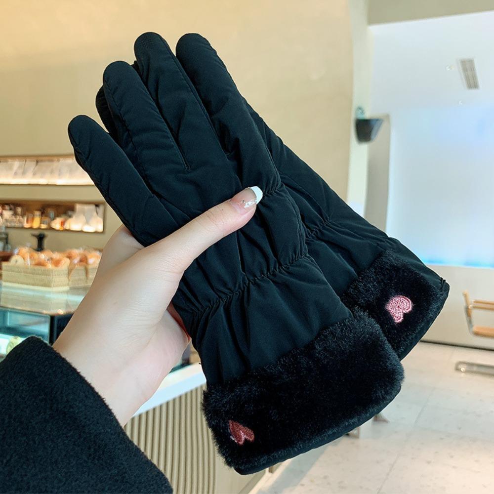 Warm Heart Embroidery Gloves Thicken Winter Plush Gloves Fashion   Cycling