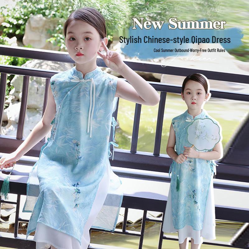 2026 New Summer Cheongsam: Girls' Chinese-Style Tang Suit Dress