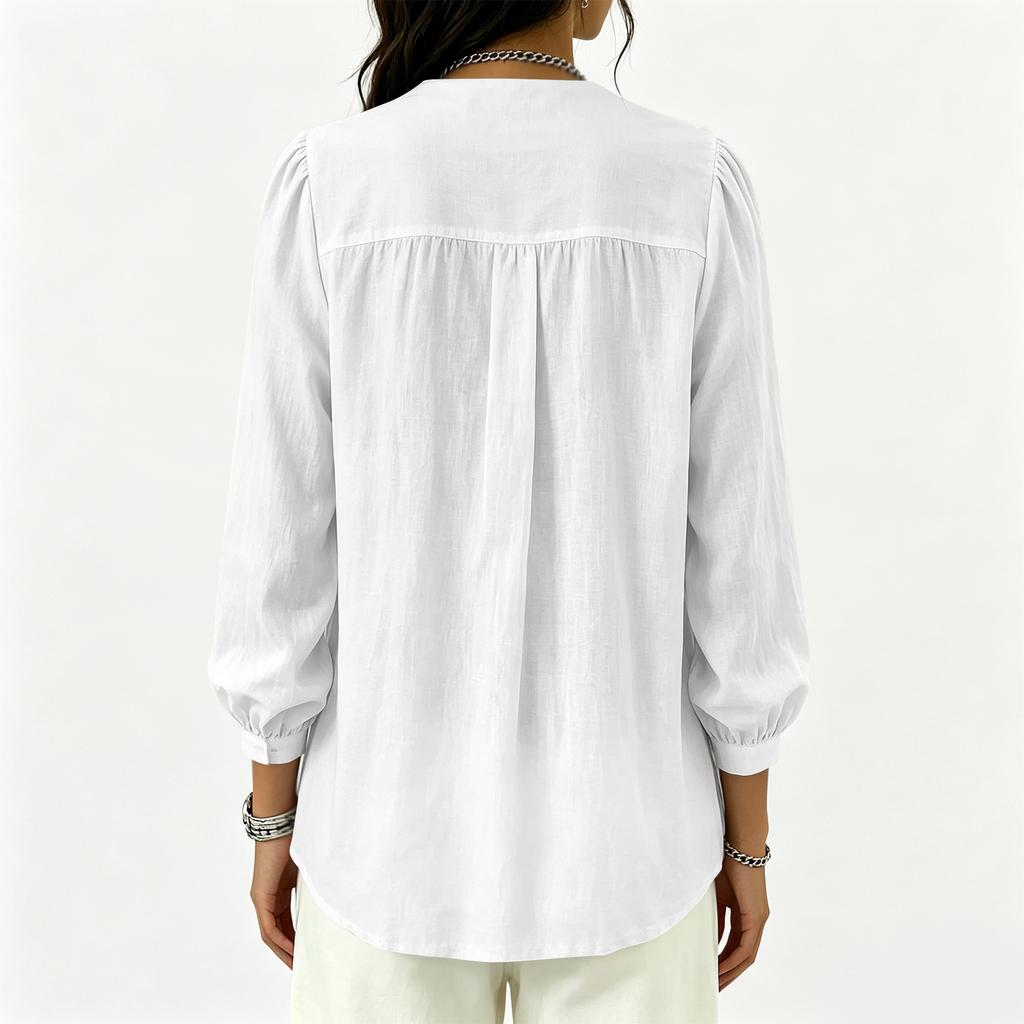 Women's Color Cotton Linen Loose Fit Long Sleeve Top with Collar