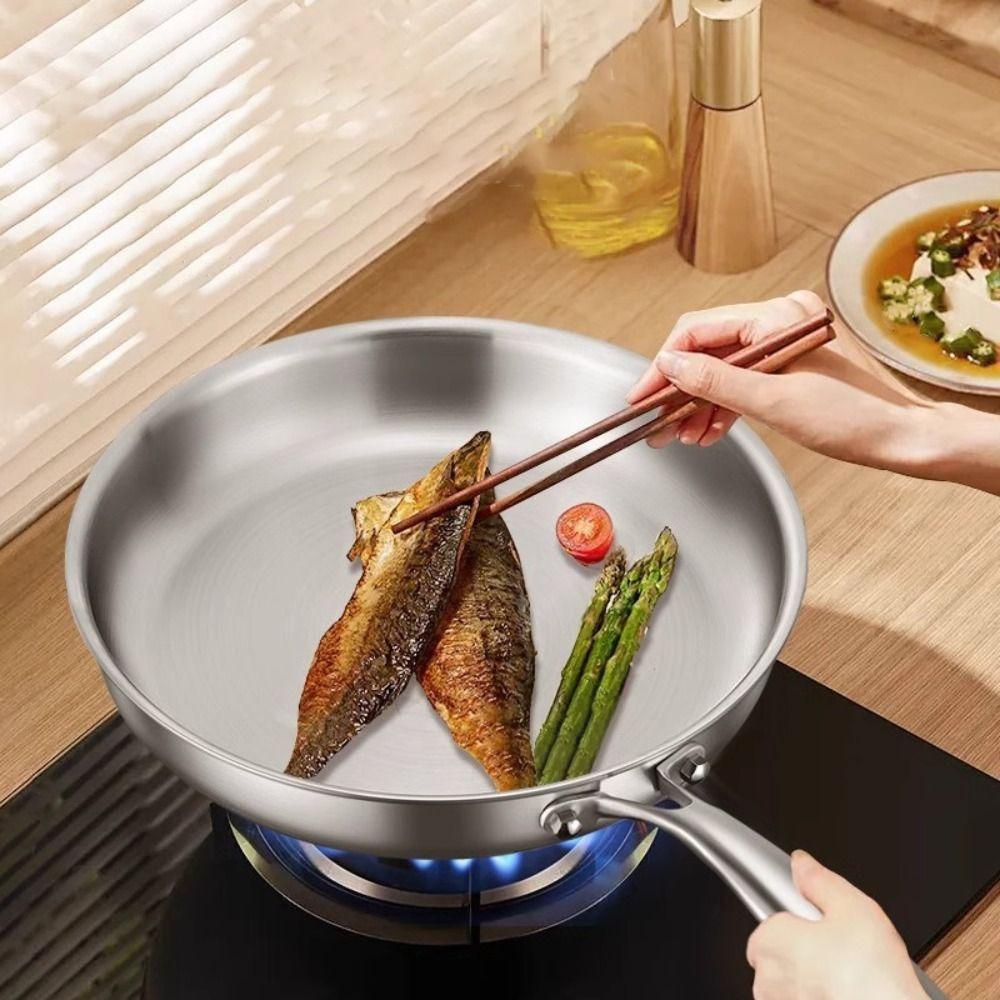 Flat Bottom Stainless Steel Frying Pan Uncoated Fried Steak Pot Saucepan  Induction Cooker