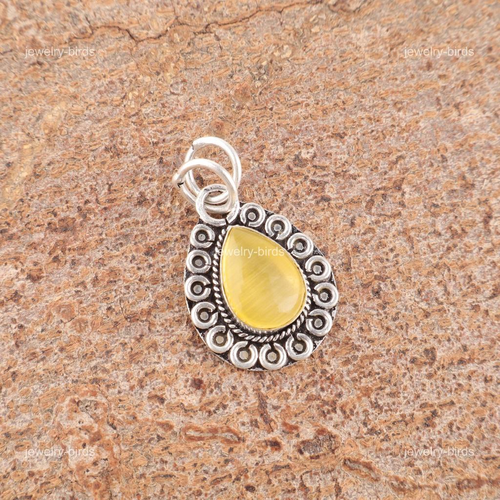 Mothers day Sale Pear Yellow Cat'S Eye Gemstone Sterling Silver Pendant Jewelry PP-26-49