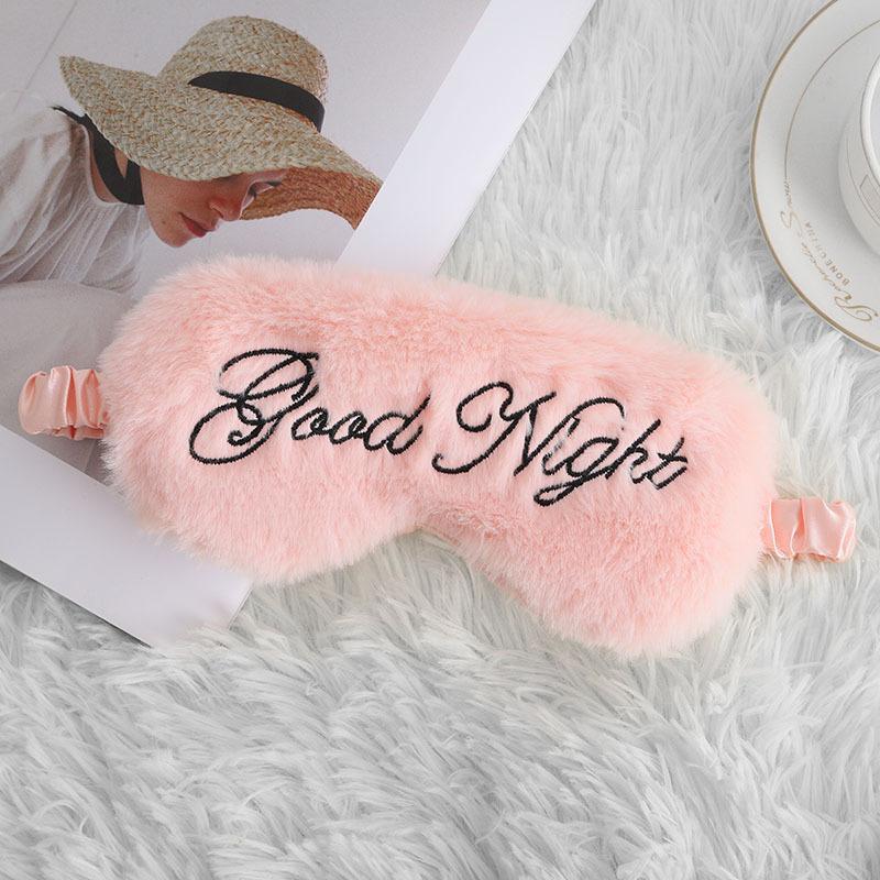 1Pc Eye Mask Plush Good Night Embroidery Letter Sleep Eye Mask Shading Simulation Silk Rabbit Hair Eye Mask Simple and Comfortable