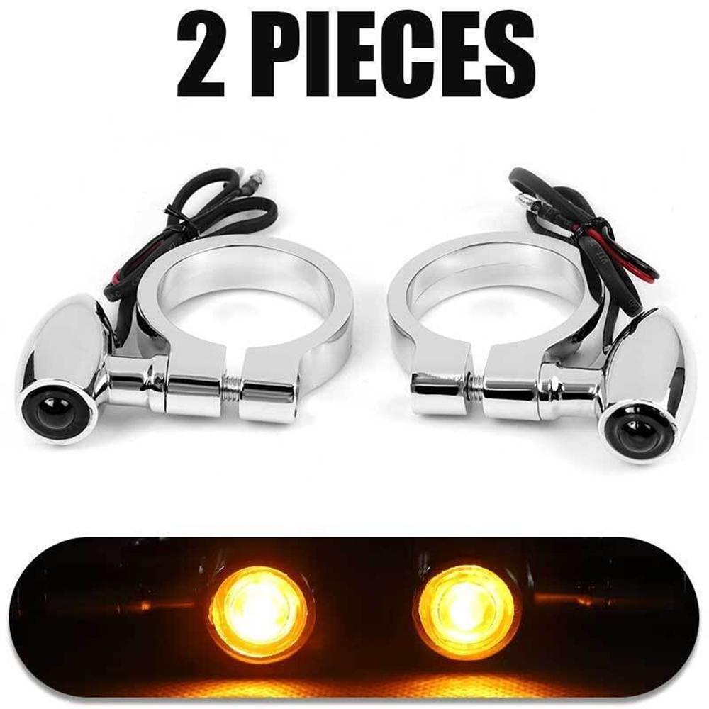 2Pcs Chrome Motorcycle LED Turn Signal Lights 41mm Fork Clamp Blinker Amber Indicator