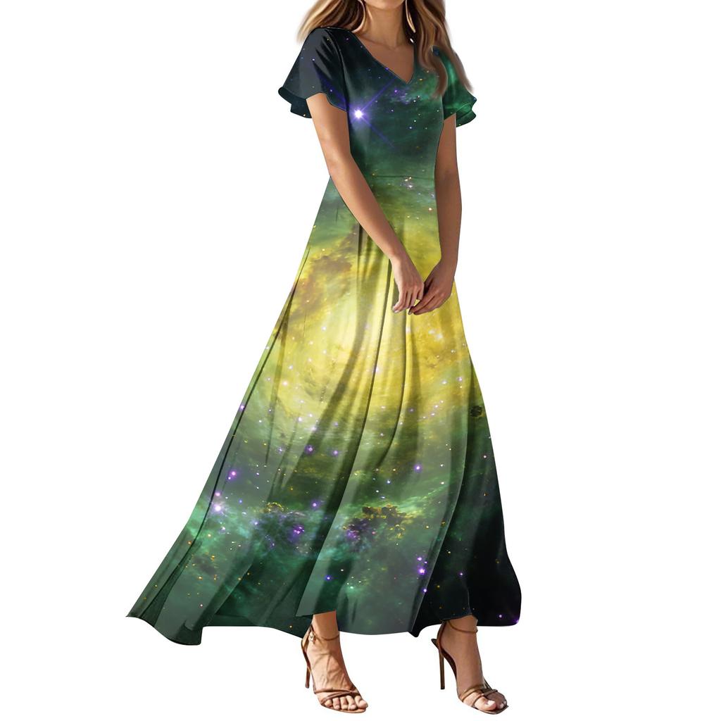 Women's Summer Casual Fashion -Print V-Neck Short-Sleeve Patchwork Dress